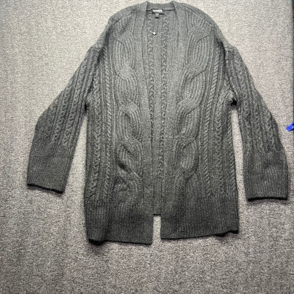 Express Cardigan Womens Medium Gray Sweater ‎ Cable Knit Open Front RN55285